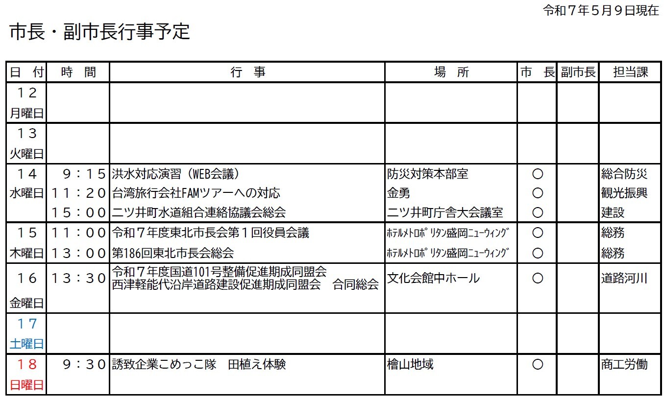 市長・副市長行事予定
