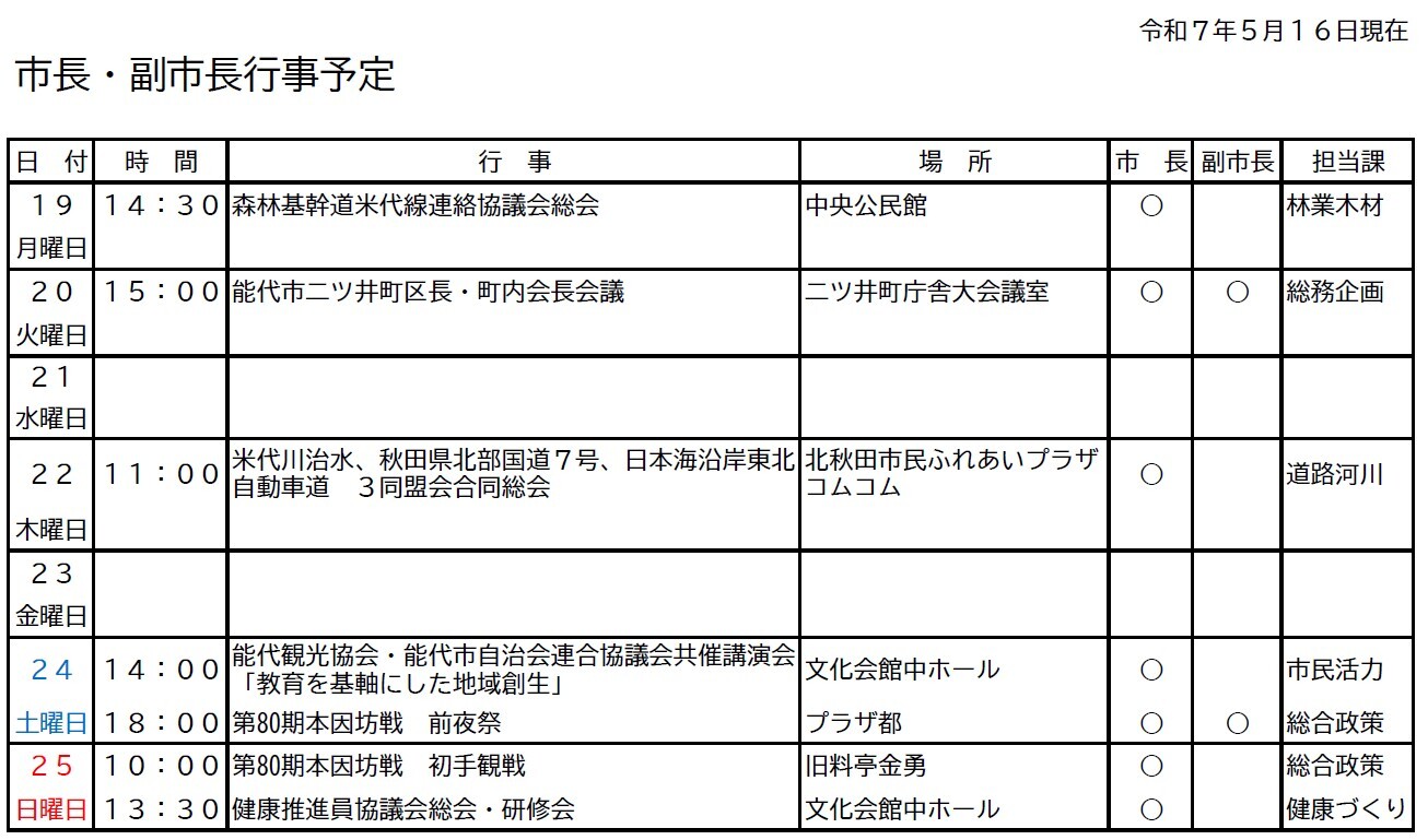 市長・副市長行事予定