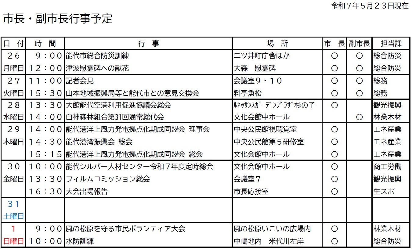 市長・副市長行事予定