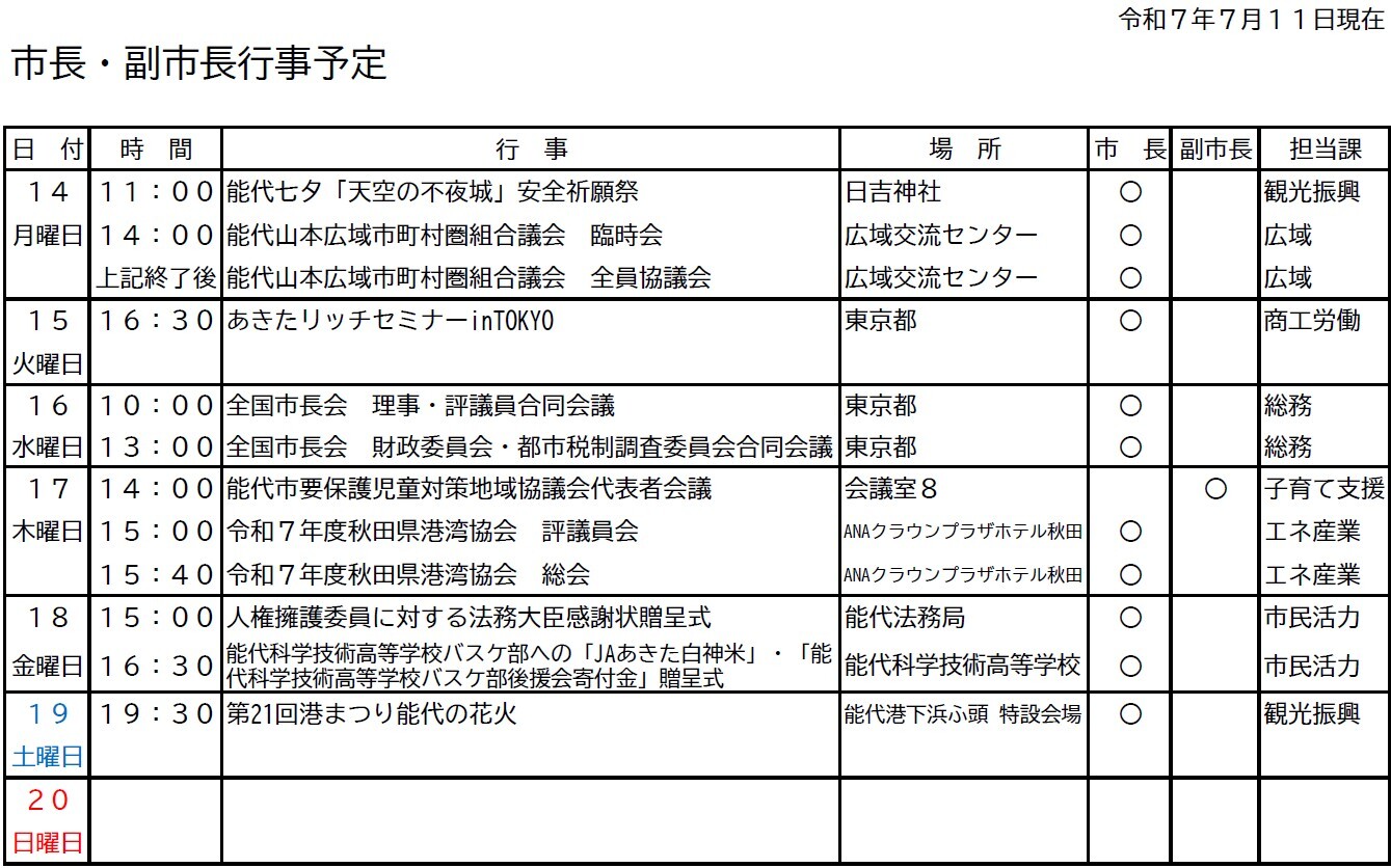 市長・副市長行事予定