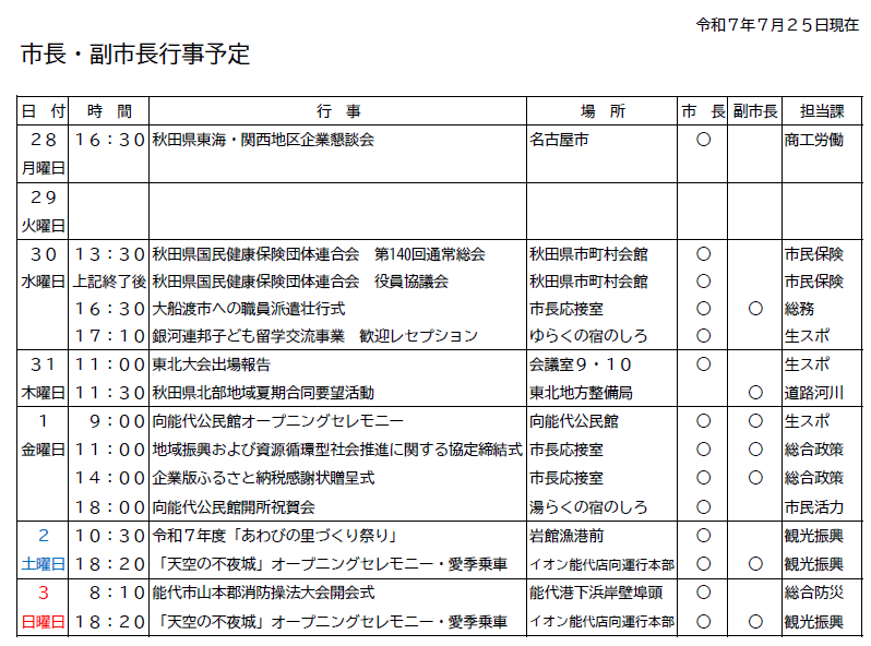 市長・副市長行事予定