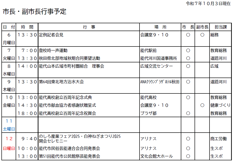 市長・副市長行事予定