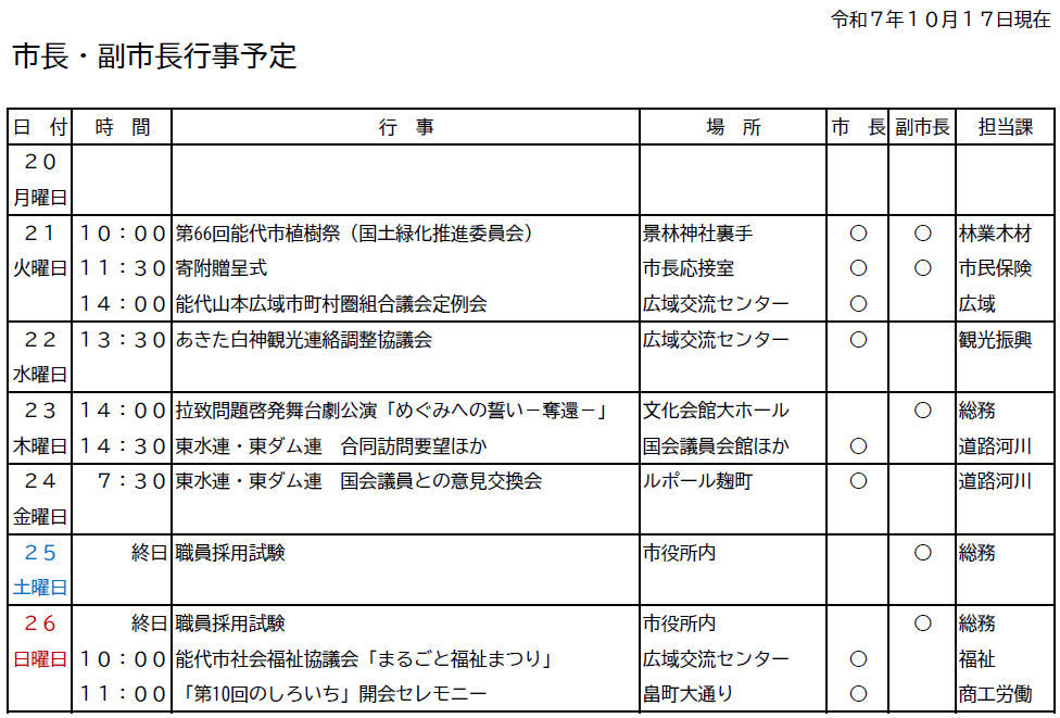 市長・副市長行事予定