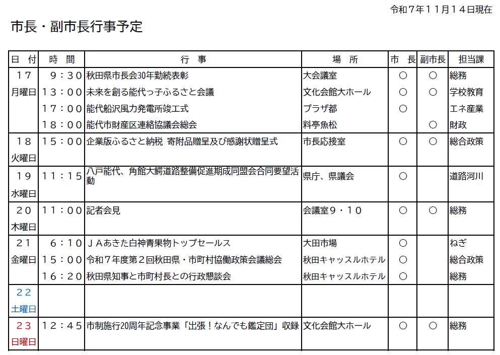 市長・副市長行事予定