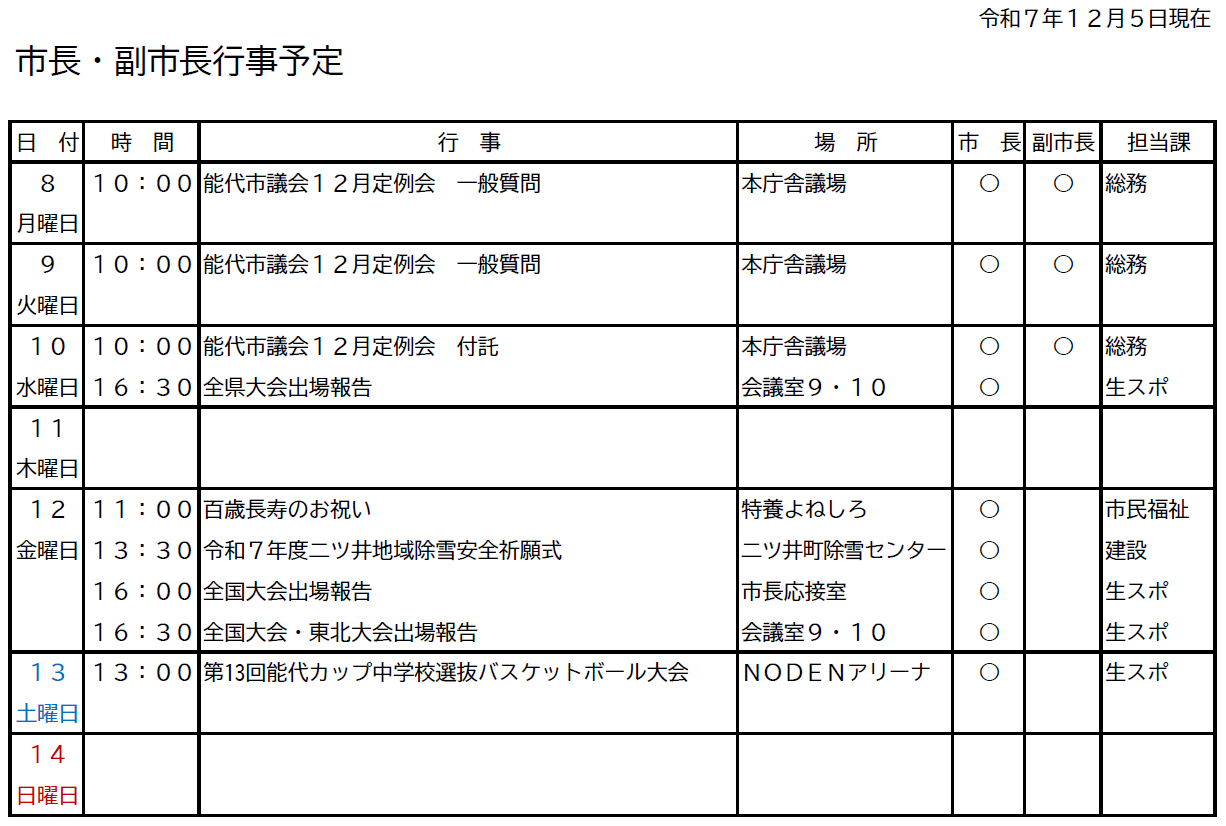 市長・副市長行事予定