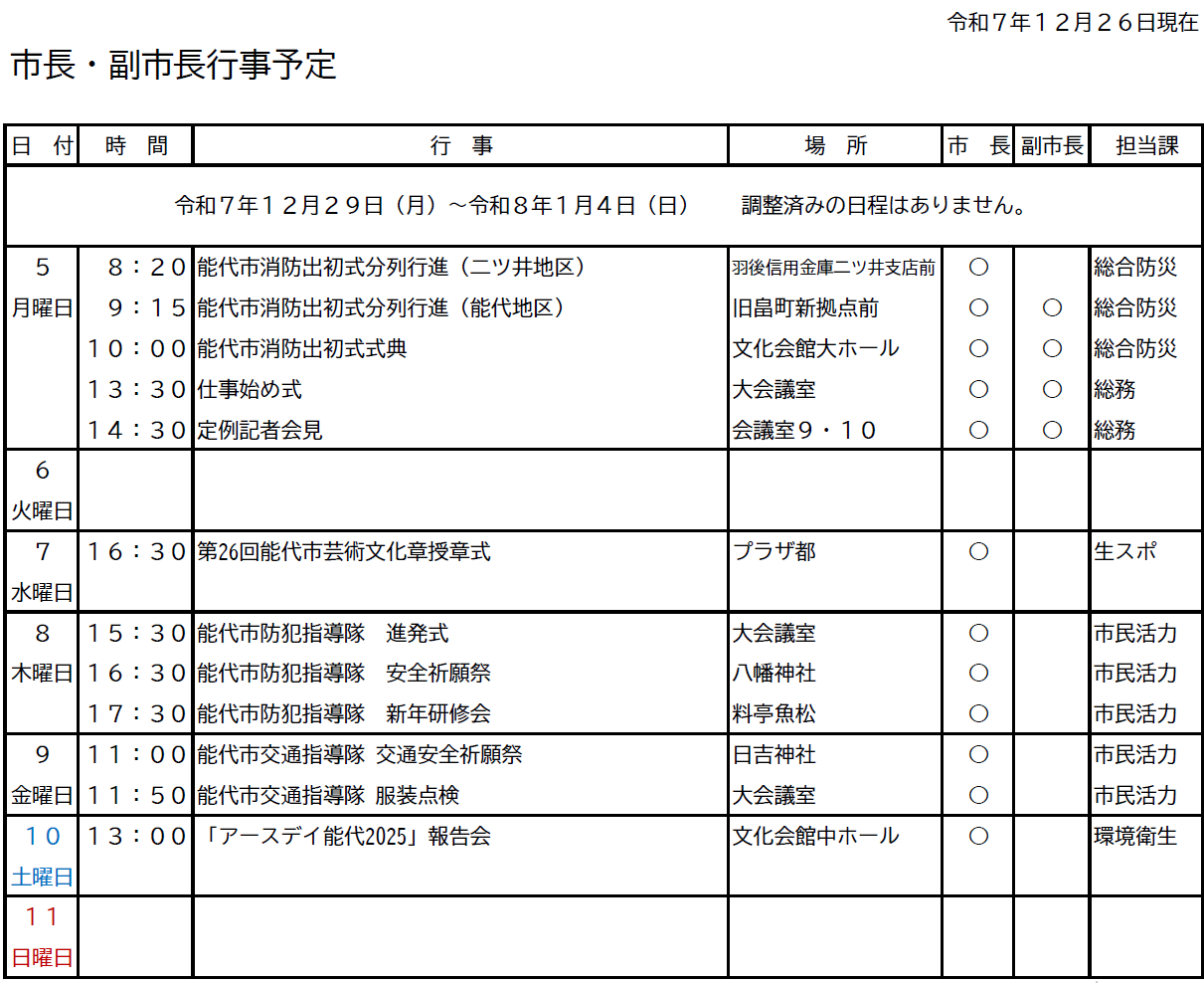 市長・副市長行事予定