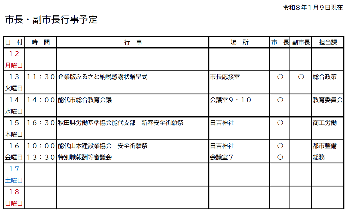 市長・副市長行事予定