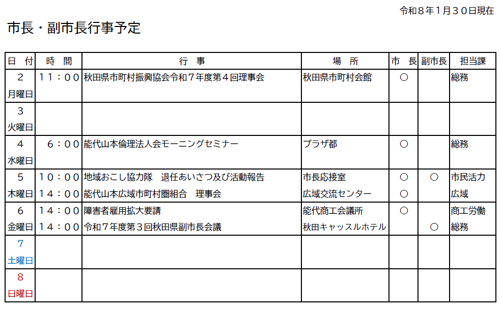 市長・副市長行事予定