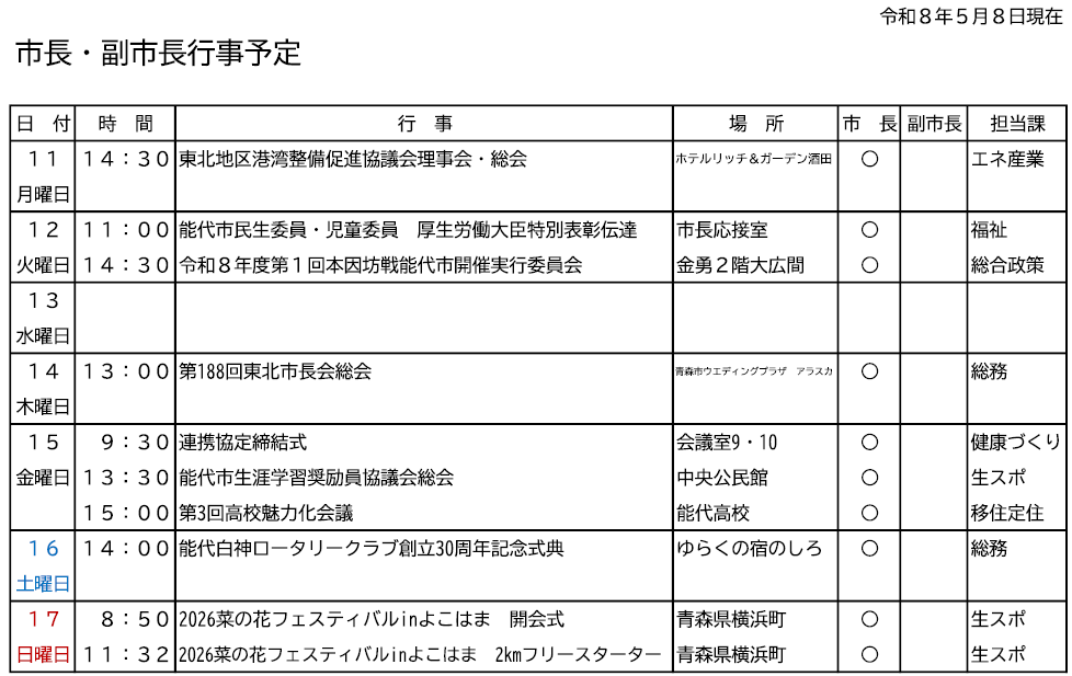 市長・副市長行事予定