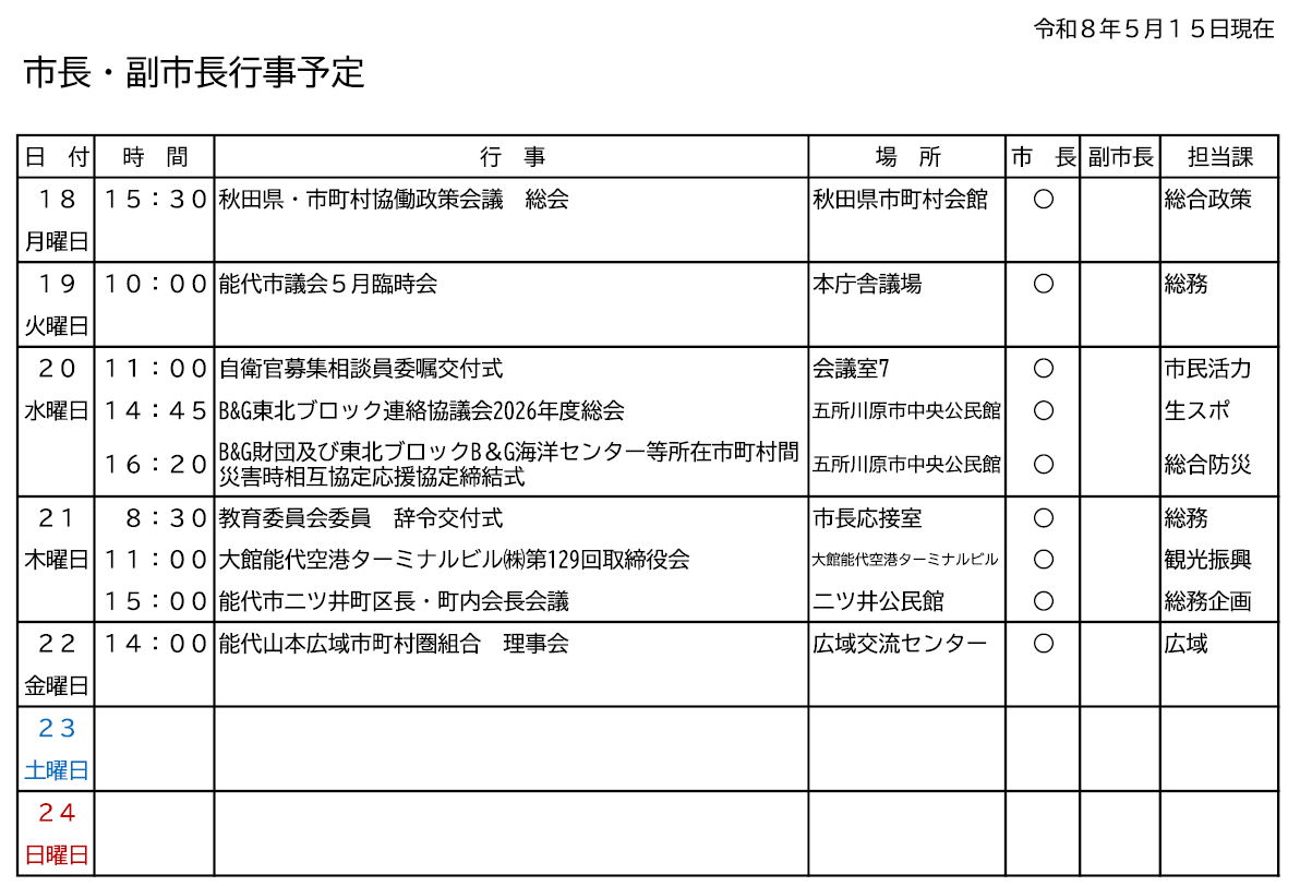 市長・副市長行事予定