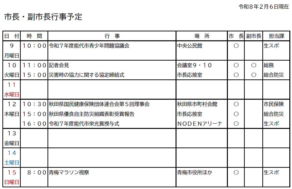 市長・副市長行事予定
