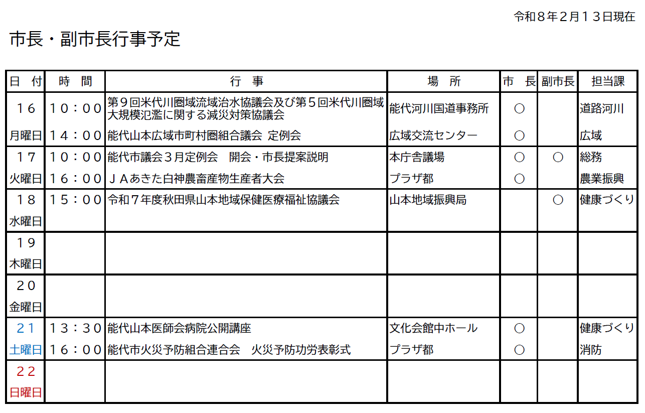 市長・副市長行事予定