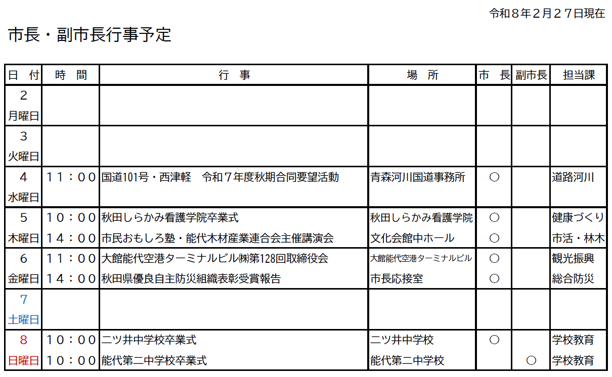 市長・副市長行事予定