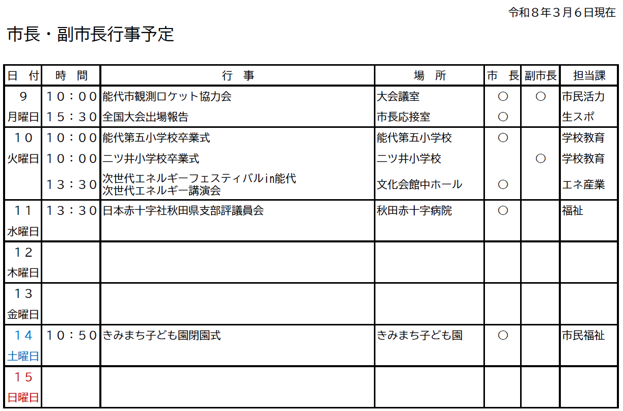 市長・副市長行事予定