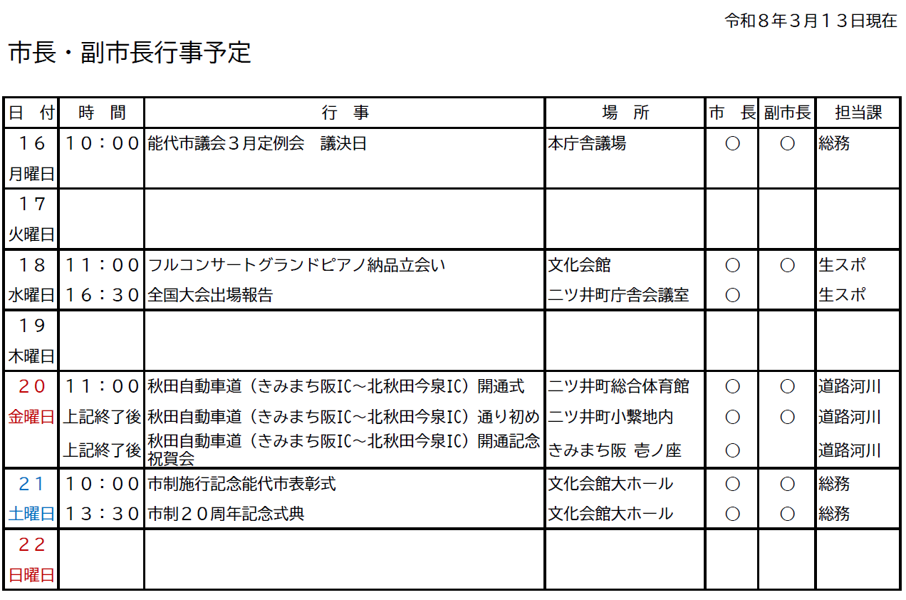 市長・副市長行事予定