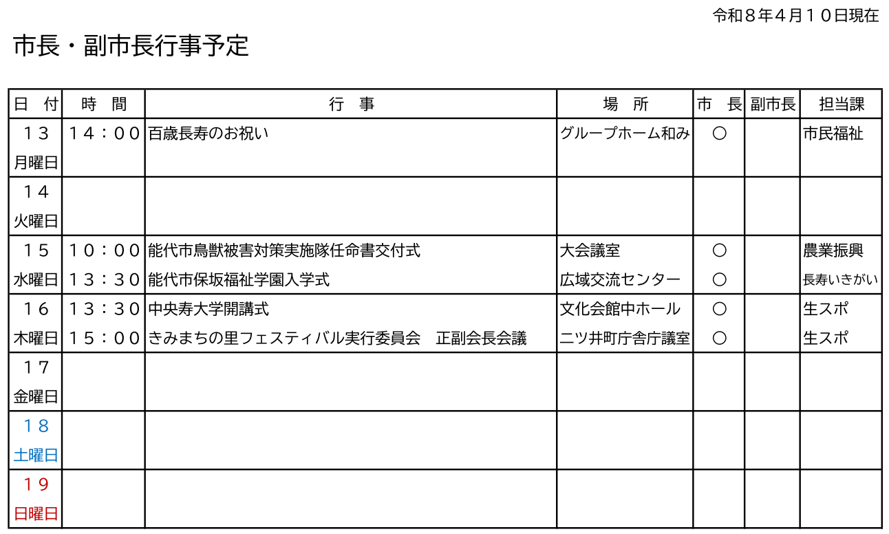 市長・副市長行事予定