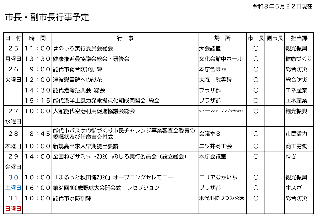 市長・副市長行事予定