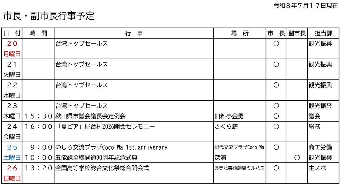 市長・副市長行事予定