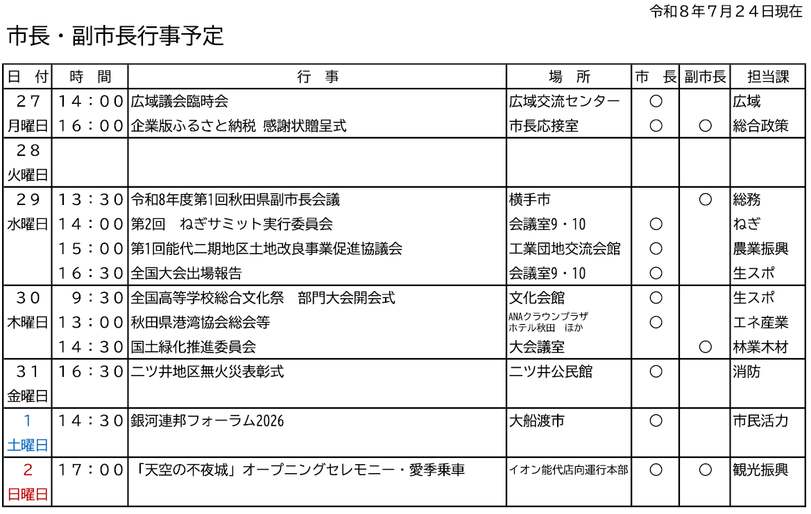 市長・副市長行事予定