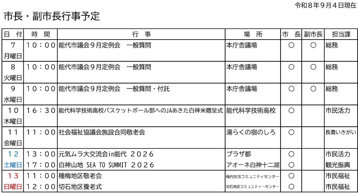 市長・副市長行事予定