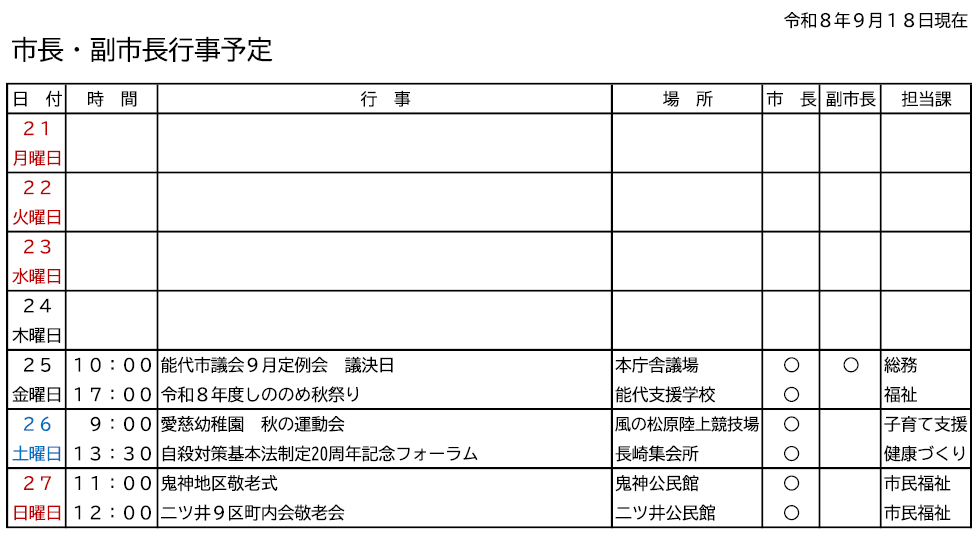 市長・副市長行事予定