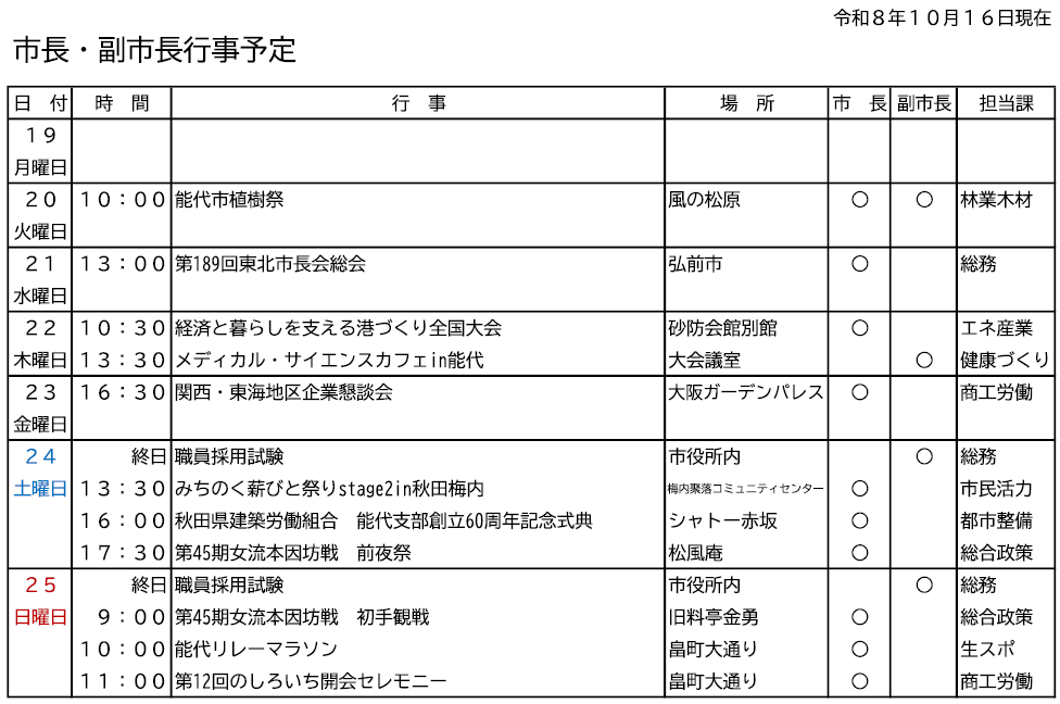 市長・副市長行事予定