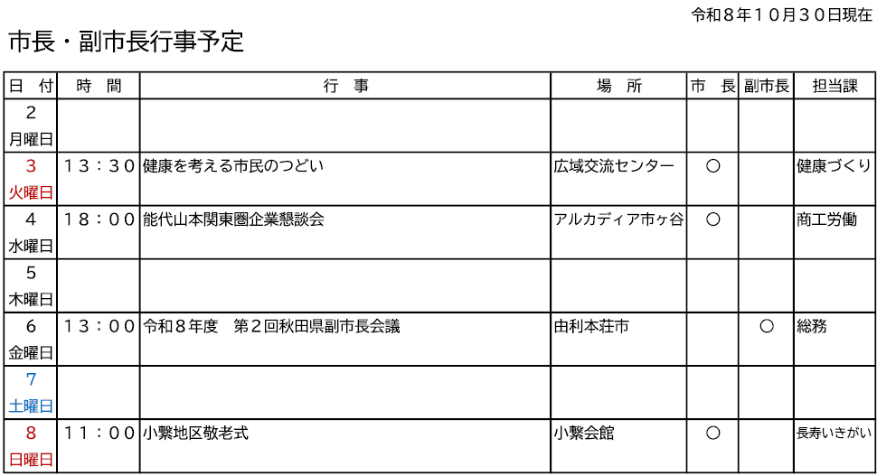 市長・副市長行事予定